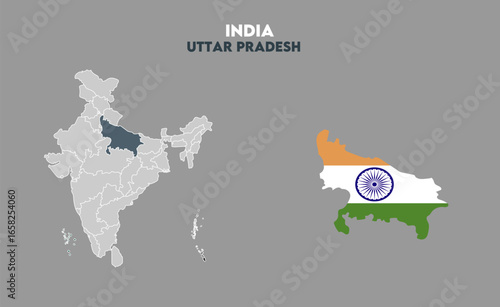 Uttar pradesh map with Indian flag, Indian states, suitable for education, business, presentations, print, web use, and creative geographic projects. Indian union territory.