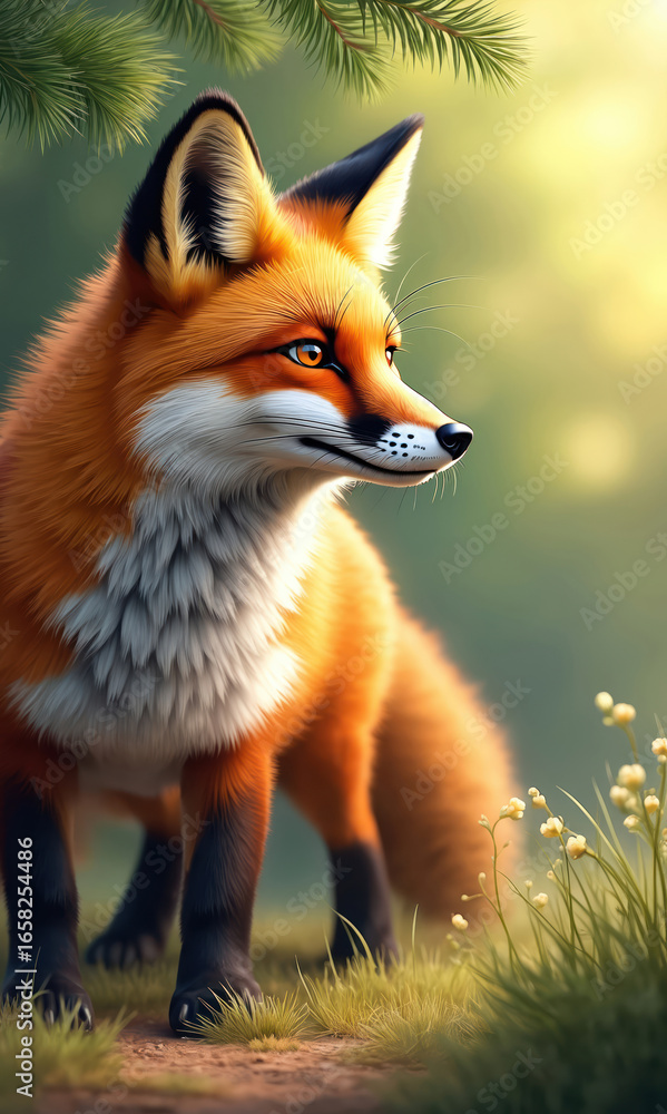 Fototapeta premium Illustration of red fox standing attentively in rich green nature with soft daylight. Features detailed fur, sharp eyes, whiskers. Background shows serene forest setting with blurred foliage, small