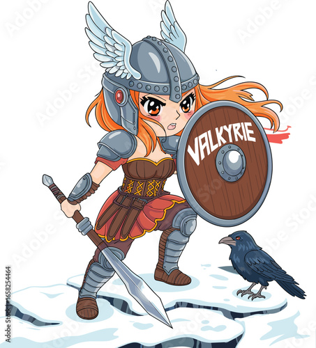 Chibi valkyrie warrior girl in armor with sword and shield, standing on ice with raven bird, fantasy cartoon battle illustration