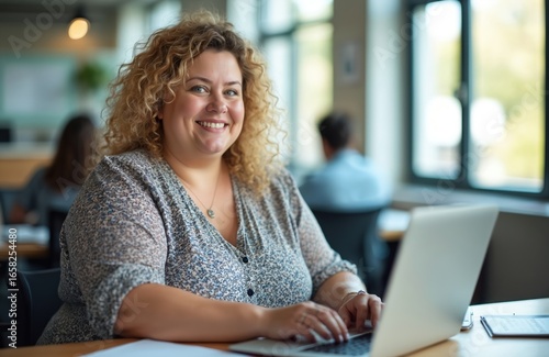 Overweight woman smiles working on laptop in office. Sedentary lifestyle, positive thinking, job success. Employee sits at desk in modern workplace. Casual business attire, curly hair. Free Download Overweight woman smiles working on laptop in office. Sedentary lifestyle, positive thinking, job success. Employee sits at desk in modern workplace. Casual business attire, curly hair. - GFXLoad