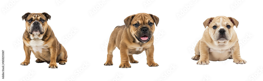 Playful bulldogs posing in studio pet bright adorable companions. Set PNG Playful bulldogs posing in studio pet bright adorable companions. Set PNG