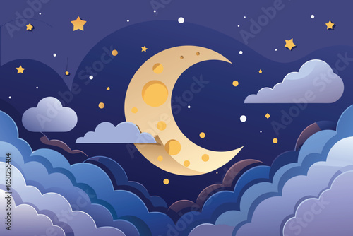 A whimsical illustration of a peaceful night sky featuring a crescent moon stars and layered clouds in a charming dreamy scene.