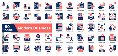 Modern Business icon set featuring essential business concepts and strategy. Containing remote teams, pitch decks, invoicing, marketing plans, client onboarding, SaaS platforms, digital payments. 