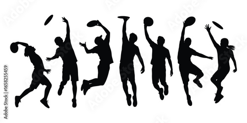 Seven black silhouettes of people in dynamic frisbee poses, capturing motion, athleticism, and recreational energy in minimalist style