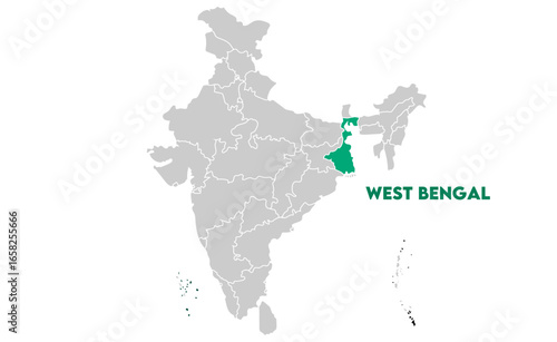 West Bengal map highlighted with name, Indian states, suitable for education, business, presentations, print, web use, and creative geographic projects. Indian union territory.