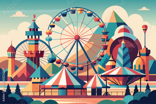 Abstract and colorful illustration of a ferris wheel and amusement park with geometric shapes
