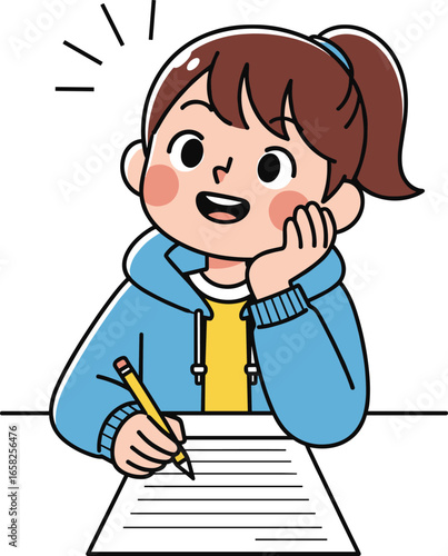 Happy schoolgirl writing on paper, creative student working on homework, cute cartoon child character in hoodie thinking and studying with pencil
