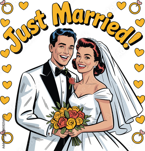Just married retro wedding couple, bride and groom smiling, holding bouquet, vintage comic art illustration, romantic love celebration, marriage ceremony design