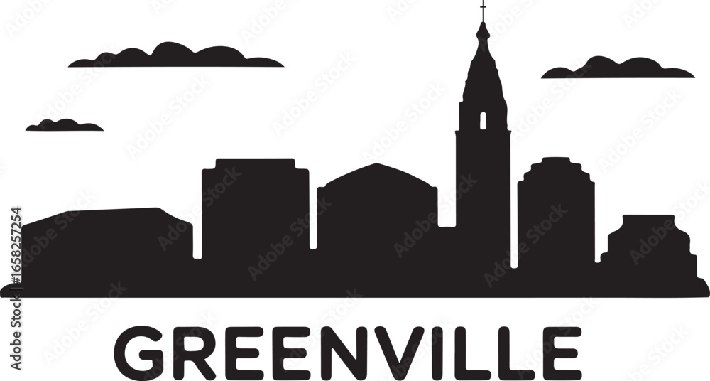 Obraz premium Greenville Skyline Silhouette with Reflection, South Carolina Vector Illustration