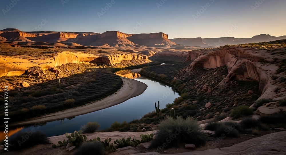 Fototapeta premium River Flowing Through Canyon Landscape at Sunset