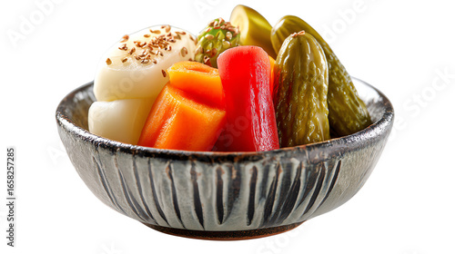 A vibrant bowl of assorted pickled vegetables and colorful garnishes, perfect for enhancing any meal.