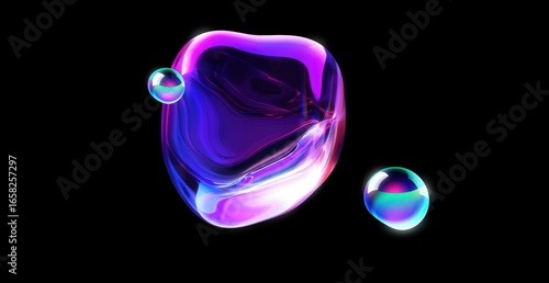 Abstract and colorful fluid bubbles floating in a dark space, evoking a sense of wonder and creativity. The bubbles have a transparent look and a luminous, shiny appearance