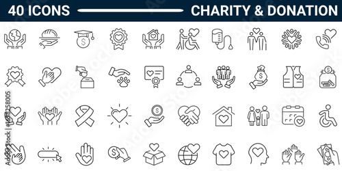 Charity and donation line icon set. Includes heart, hand, gift, support, giving, volunteer, help, donation box, fundraiser, and kindness. Editable stroke. Vector illustration	