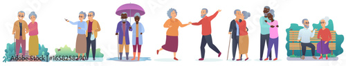 Happy old couple, lifestyle set vector illustration. Cartoon elder grandparents walk outdoor and hug together, leisure of grandmother and grandfather isolated on white. Love, relationship concept