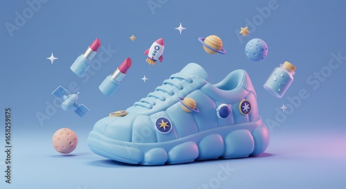 Light blue sneaker with space theme objects floating around it on a light blue background.