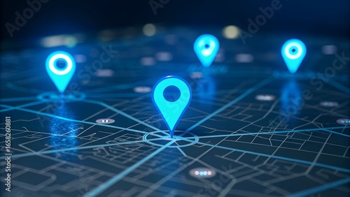Glowing blue location pins on a digital city map