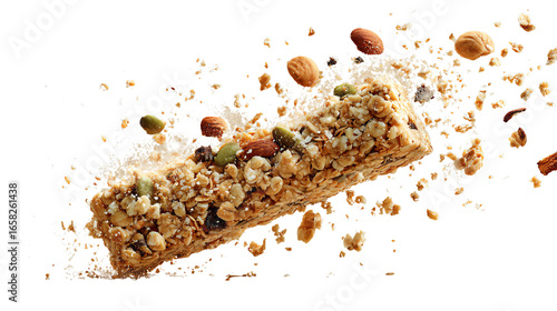 Granola bar with assorted nuts and seeds on a white isolated background.