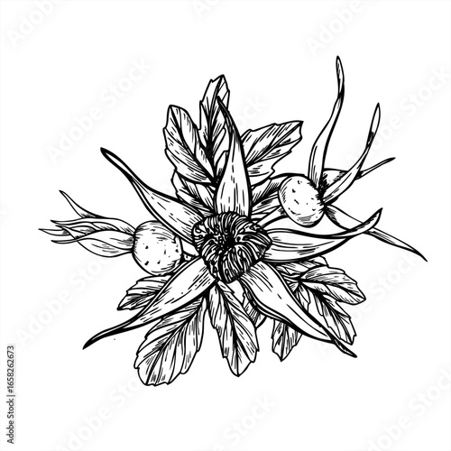 Monochrome ripening rose hips on bush vector isolated composition painted by black inks. Wild dog rose berries and leaves graphic sketch for herbal medicine packaging, greeting card, beaty decor