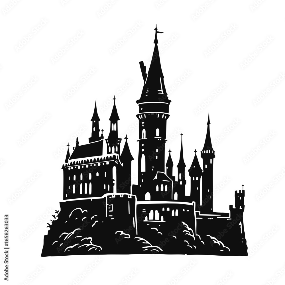 Obraz premium Vector illustration of a medieval European castle with a cathedral and a towering silhouette