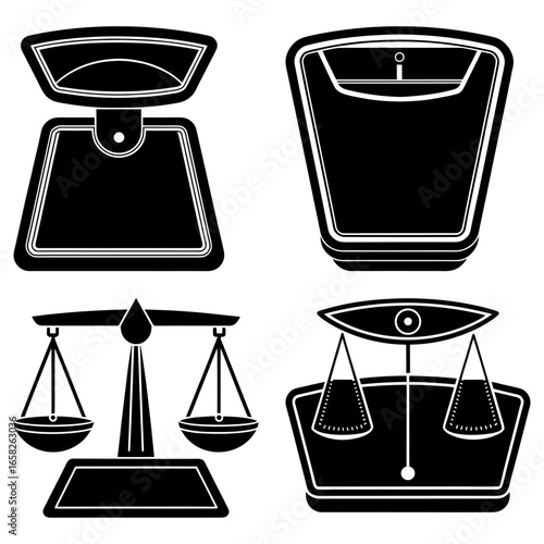 Illustration showing four different types of scales in black and white silhouette style image art
