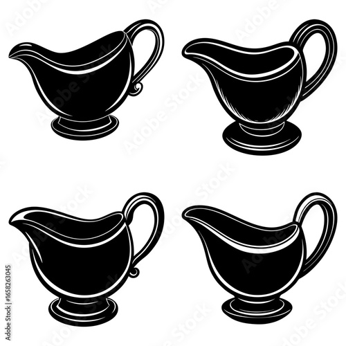 Four black and white gravy boats with handles and spouts arranged in a square pattern on white background