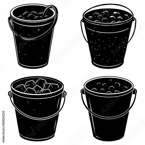 Illustration of four buckets filled with ice cubes in a black and white design style image view