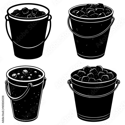 Illustration of four buckets filled with ice cubes in black and white drawing style vector graphic