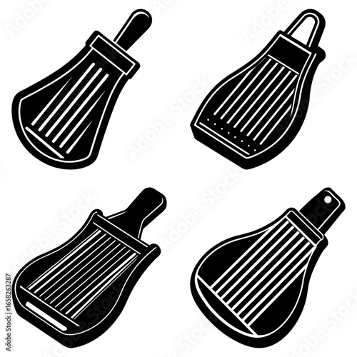 Four black and white illustrations of lyres with varying designs and handle orientations on white background