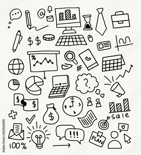 Hand drawn doodle set of business icons with finance, marketing, planning, technology, and communication elements in sketch style illustration.