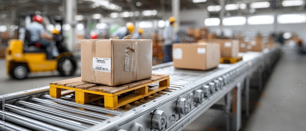 Naklejka premium Efficient parcel delivery system with roller conveyor in a warehouse logistics environment