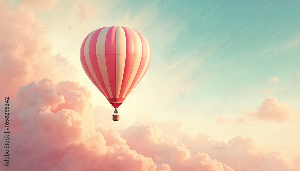 Obraz premium Watercolor hot air balloon floats through pastel clouds in vibrant sky. Hand-drawn illustration captures thrill of aerial travel, adventure. Pink, white balloon with basket fun, whimsical journey,
