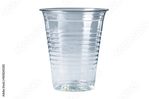 Clear plastic cup with ribbed texture isolated on transparent background