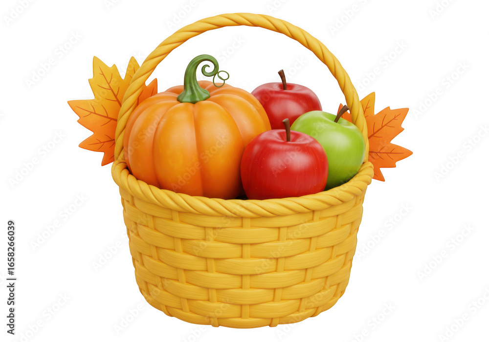 Autumn harvest basket with pumpkin apples and leaves isolated on transparent background Autumn harvest basket with pumpkin apples and leaves isolated on transparent background