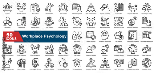 Workplace Psychology icon set. Containing burnout, emotional intelligence, conflict resolution, feedback loop, team conflict, impostor syndrome, quiet quitting, stress, trust, and work-life balance ic