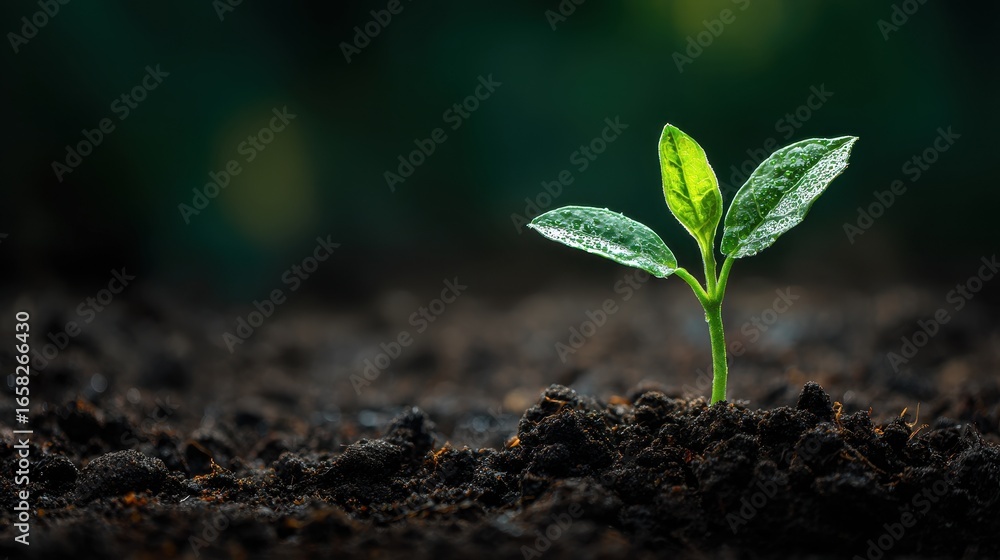 Fototapeta premium A 4K photo of new plant sprouting from rich soil, symbolizing growth and renew.