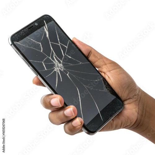 Hand holding a smartphone with a severely cracked screen isolated on transparent background
