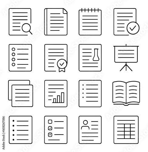 Linear documents icon set featuring checklist, presentation, report, calendar, and certificate symbols