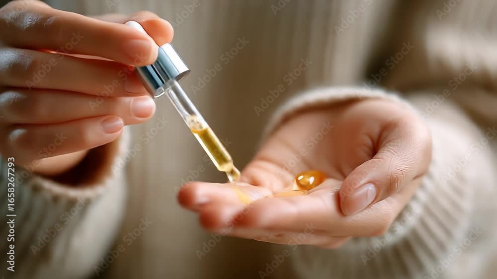 Hand pouring golden serum oil dropper onto palm for skincare use – Video 4K UHD 60fps