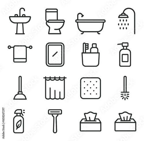 Linear bathroom icon set featuring sink, toilet, bathtub, shower, towel, mirror, toothbrush, soap