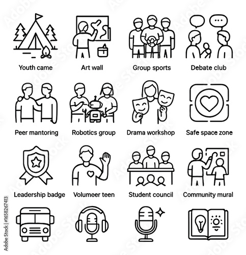 Linear camp icon set featuring youth camp, art wall, group sports, debate club, and leadership badge symbols