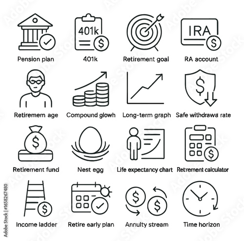 Silhouette finance icon set featuring pension, 401k, goal, ira, retirement age, growth, graph, withdrawal