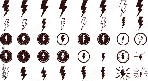 Collection of stylized lightning bolt icons and graphic elements in a dark reddish brown color