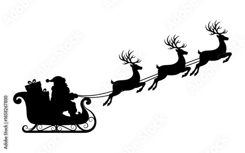 Santa Claus is flying in sleigh with Christmas reindeer. Silhouette of Santa Claus, sleigh with Christmas presents and reindeer .vector ilustration