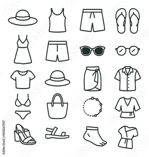 Linear summer clothing icon set featuring hat, tank top, shorts, flip-flops, dress, and sunglasses designs