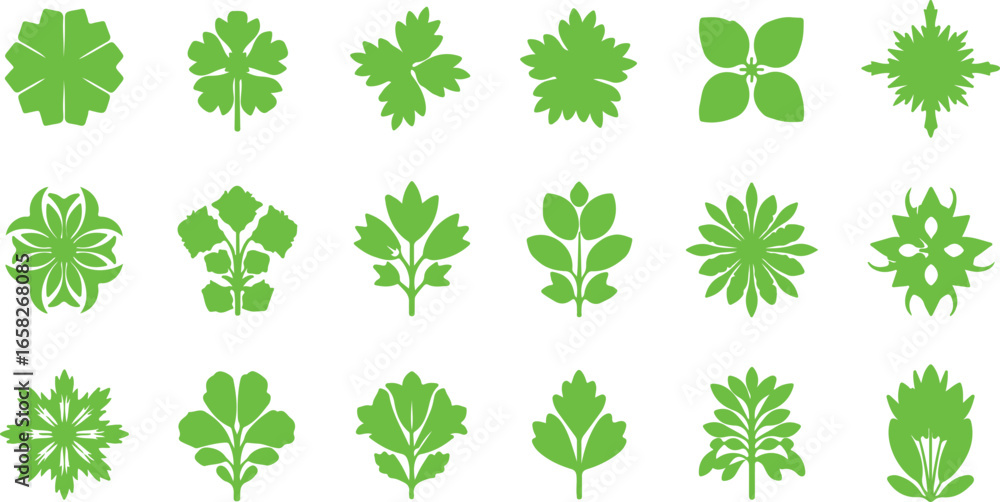 Fototapeta premium Collection of abstract green leaf and plant icons with organic shapes on a white background