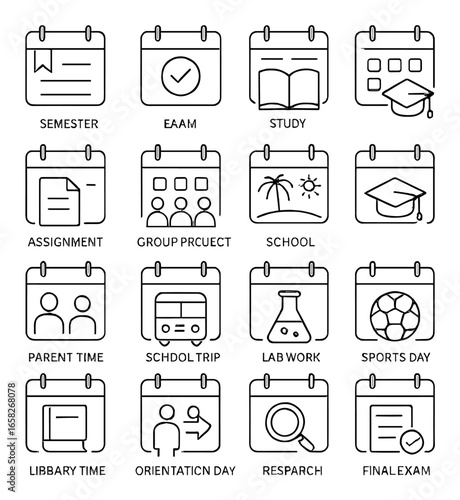 Linear education icon set featuring semester, exam, study, assignment, and graduation symbols