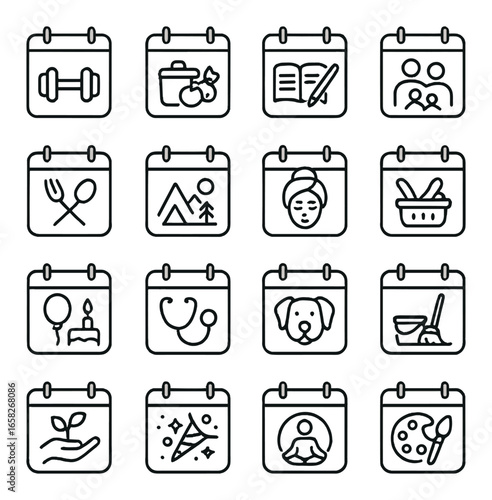 Linear health and lifestyle icons set featuring gym, diet, reading, family, cooking, camping, relaxation, shopping