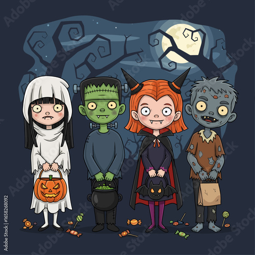 Four cute cartoon children in monster costumes trick-or-treating on a spooky Halloween night.