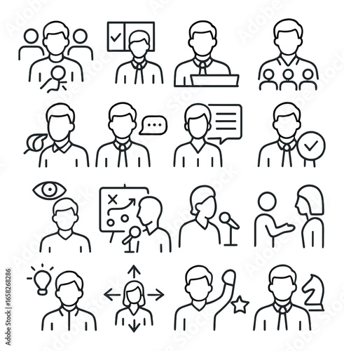 Linear business icon set featuring team, presentation, communication, approval, strategy, and discussion symbols