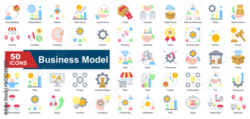 Business Model icon set showcasing key business operations and growth. Featuring sales, strategy, partnerships, revenue streams, pricing models, and innovation. Ideal for startups, pitch decks, and st